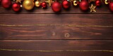 Red and gold Christmas ornament corner border banner. Above view on a rustic wood background. Generative AI

