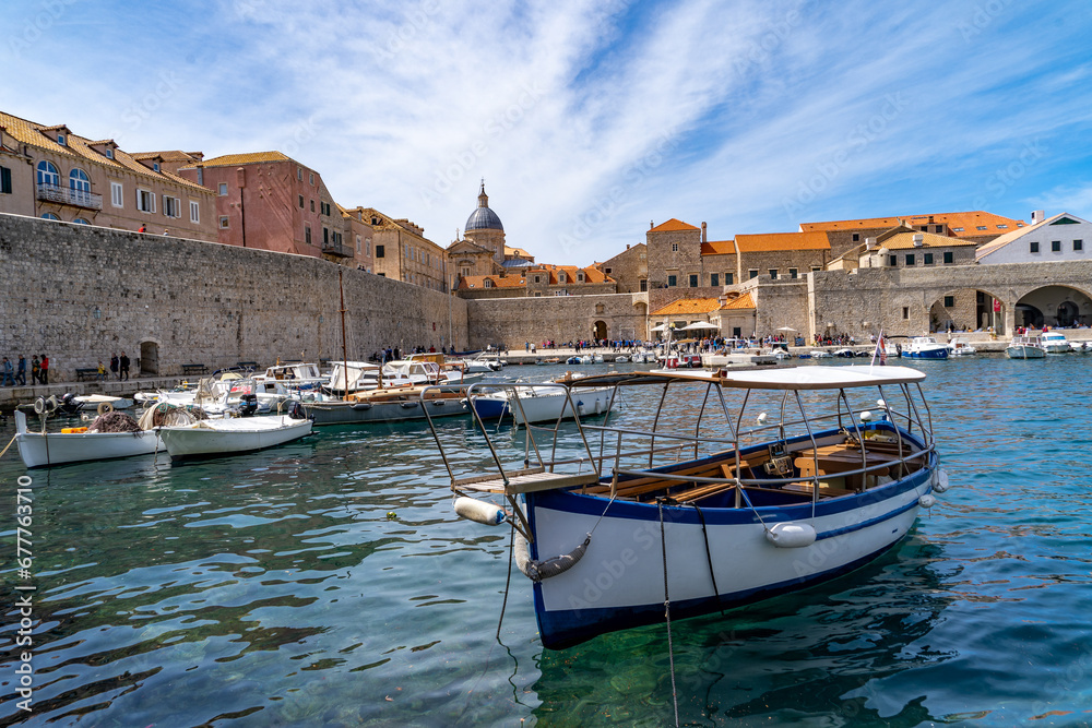 Boats at the marina of the Walled City of Dubrovnik, Croatia