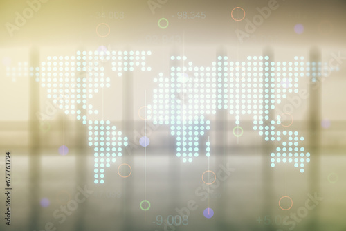 Double exposure of abstract digital world map on empty modern office background  research and strategy concept
