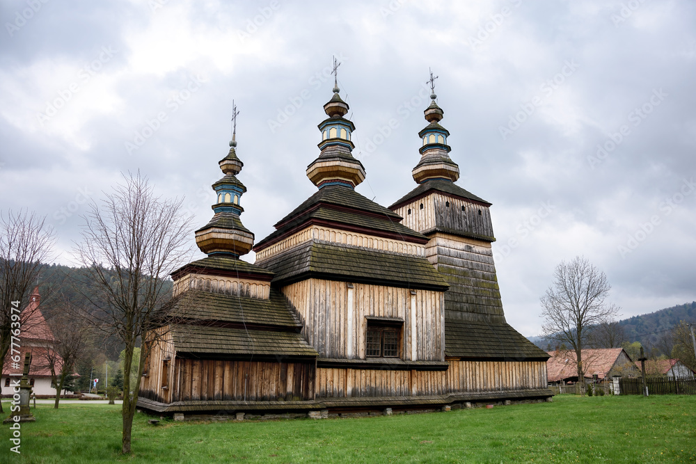 Old wooden Greek Catholic church in Krempna, in Poland.