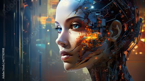 Futuristic woman head portrait wallpaper in technologic world