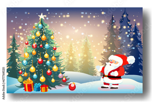 Beautiful Christmas and New Years background with decorated Christmas tree in fluffy snowdrifts against background of evening winter forest, falling snow and magical sky