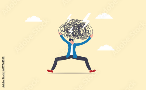 anxiety from work difficulty and overload, problem in economic crisis or pressure from too much responsibility concept, tried exhausted businessman carrying heavy messy line on his back,Stress burden.