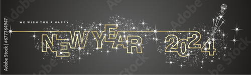 We wish you Happy New Year 2024 line design shiny glitter sparkler firework open champagne 2024 new year eve golden white black vector wallpaper long banner greeting card photo