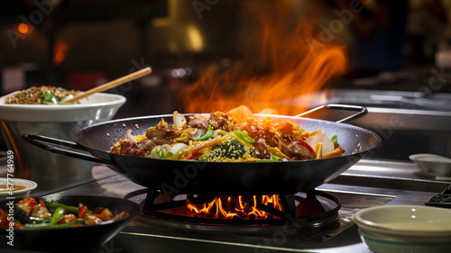 Fiery Stir-Fry in a Wok - The Art of Asian Culinary Techniques. Generative AI photo