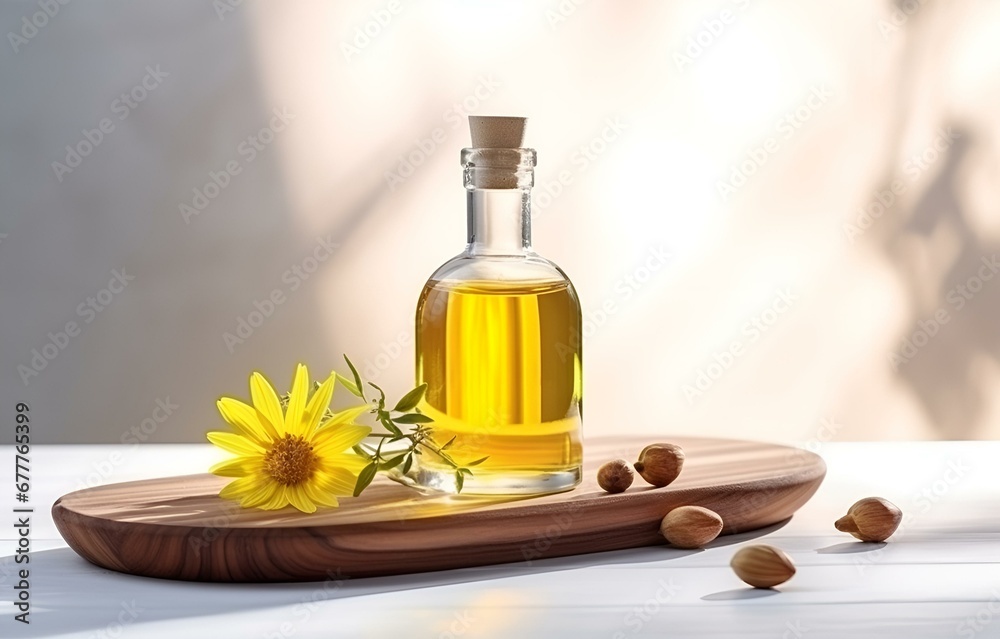Glass bottle with jojoba oil and seeds on white wooden table soft light
