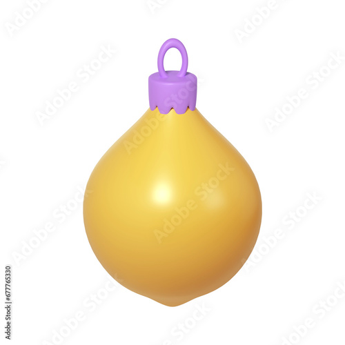 3d rendering yellow Christmas ball icon in form of lemon. Realistic element for winter holidays. Toy for fir tree. Illustration for web design, greeting card, invitation