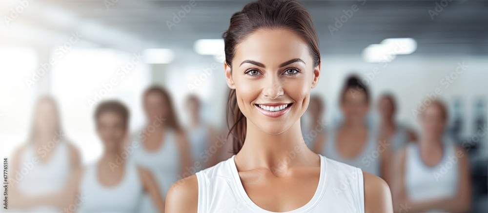 background of the white gym an isolated woman is surrounded by a group of happy and smiling people showcasing the beauty and health of fitness through her confident and radiant portrait background of the white gym an isolated woman is surrounded by a group of happy and smiling people showcasing the beauty and health of fitness through her confident and radiant portrait