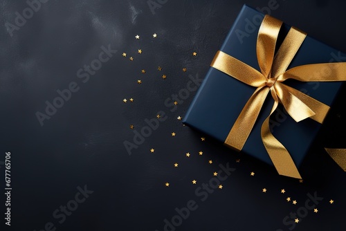 gift box with gold satin ribbon on dark background, With space for text