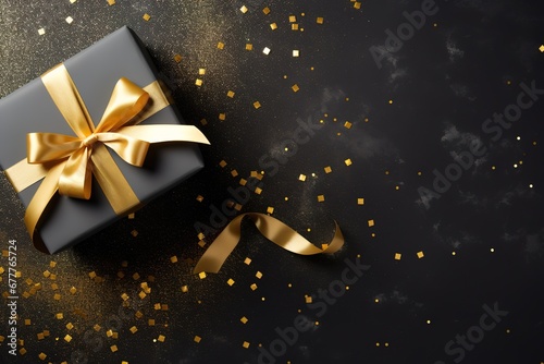 gift box with gold satin ribbon on dark background, with copy space text