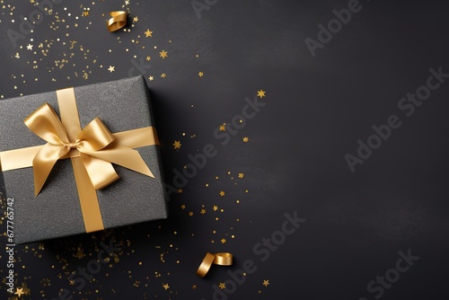 gift box with gold satin ribbon on dark background, with copy space text © Alan Deor