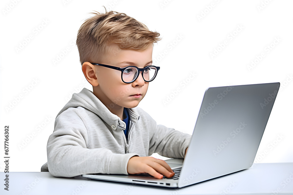 Small kid boy looking at laptop screen isolated on white background. Studying, distance education concept Small kid boy looking at laptop screen isolated on white background. Studying, distance education concept