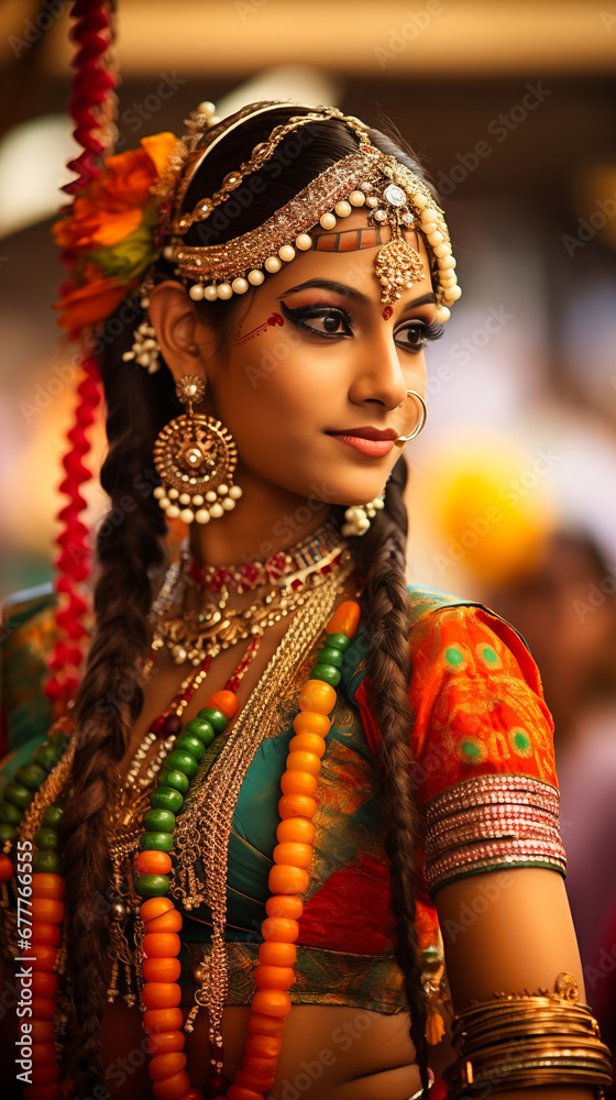 Portrait of beautiful indian woman in traditional costume. India.
