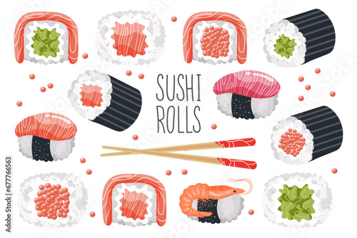 Set of sushi rolls and chopsticks on a white background. Asian food icons, restaurant menu, vector
