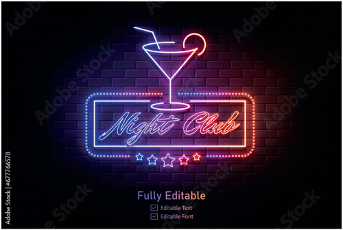 Vector neon effect light night party editable text effect and night club logo for neon text effect
