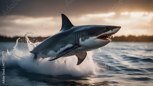 shark in the sea  A great white shark jumping out of water to attack its prey.  © Jared