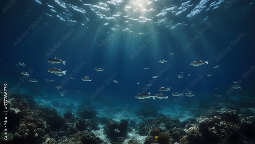 underwater scene with reef A mesmerizing scene of a circular formation of fish in the deep blue ocean, with rays of light  