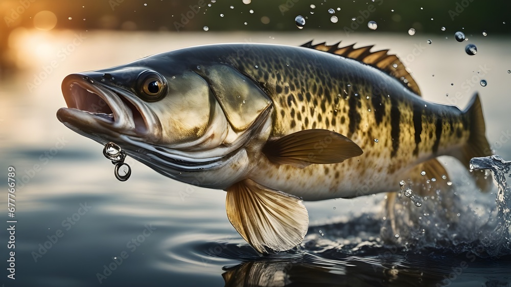 fish in the water A realistic scene of a bass fish leaping out of the water to catch a fishing lure, with splashes fish in the water A realistic scene of a bass fish leaping out of the water to catch a fishing lure, with splashes