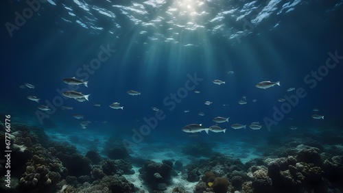 underwater scene with reef A mesmerizing scene of a circular formation of fish in the deep blue ocean, with rays of light 
