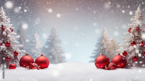 Christmas trees and red ornaments sit in snowy ground