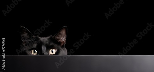 funny black cat peeping from behind a vibrant black  block, horizontal wallpaper, large copy space for text.  photo