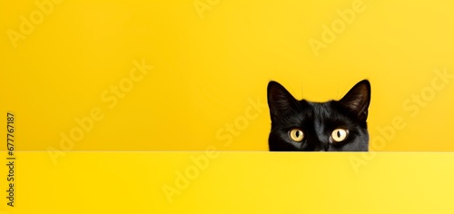 funny black cat peeping from behind a vibrant yellow  block, horizontal wallpaper, large copy space for text.  photo