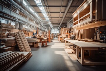 Furniture factory, inside a large furniture and interior wood items building factory.