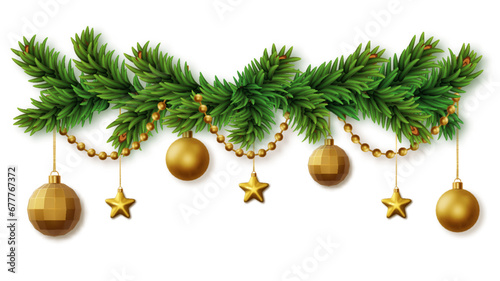 Christmas decor with of pine branches, garland and Christmas toys on transparent background. Png. Illustration for poster, banner, cards