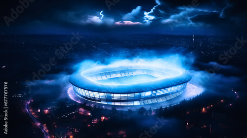 Drone photography of a cloudy night sky with thunders covering the large neon blue glowing soccer stadium surrounded by city streets and buildings