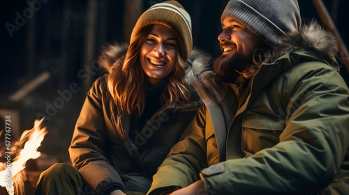 Close up photography of a smiling husband and wife couple camping in the woods next to a campfire flame. Wearing warm green jackets, and winter caps