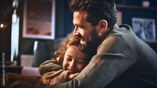 Close up, side photography of a middle-aged father with the beard hugging his young daughter. Both of them are smiling and joyfully playing. Blurred room background