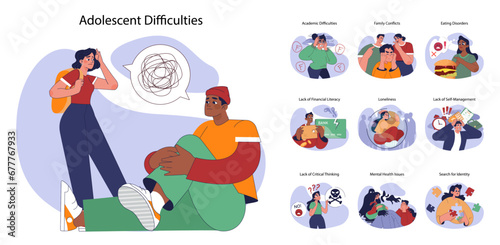 Adolescent difficulties set. Teenagers navigate challenges such as academic struggles, family tensions, eating disorders, self-discovery. Learning to deal with hardships. Flat vector illustration