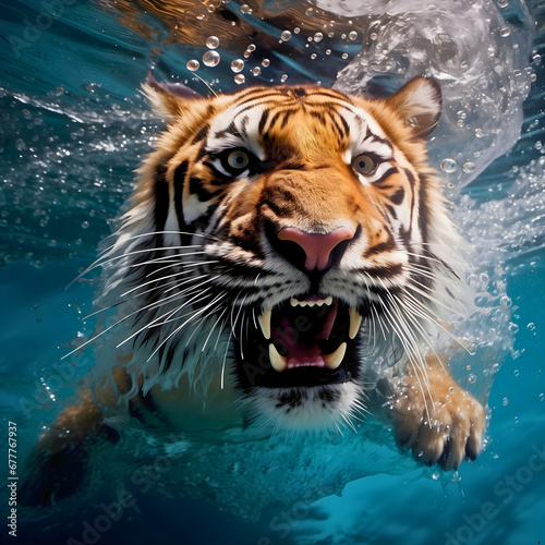 Close up photography of a wild Bengal tiger roaring and swimming underwater. Water bubbles all around the jungle beast