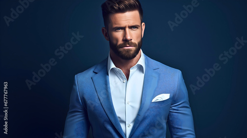 A handsome businessman in his 30s, wearing an elegant blue suit and white shirt, with a determined and serious look on his face. Dark indigo blue studio wall background photo