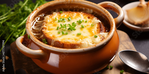 Tasty homemade french onion soup served in a beige ceramic pot and spoon on the wooden table 