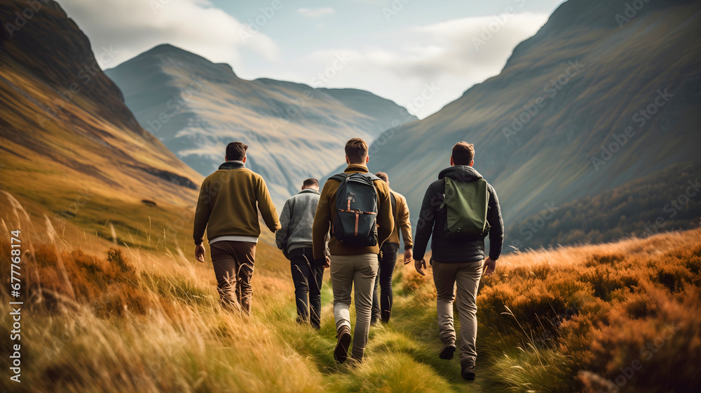 Rearview photography of five adult men wearing backpacks and hiking in the nature, mountains and hills in the background