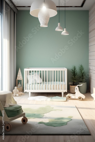 Nordic-style kid's bedroom with soft green coloring, the crib is centered at the back wall and bright natural light from large windows. 