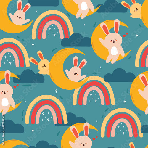 seamless pattern cartoon bunny and sky element. cute animal wallpaper for textile, gift wrap paper