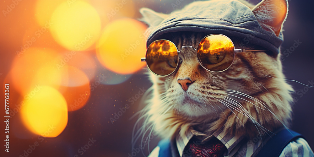 cat in stylish glasses, suit and cap. ai generative