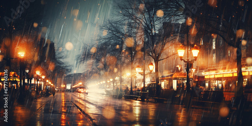 background evening European city, winter season, people, blur. ai generative