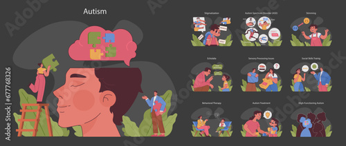 Autism awareness concept. A comprehensive look into Autism Spectrum Disorder, its symptoms, and therapeutic approaches. Understanding, treatment, and acceptance. Flat vector illustration