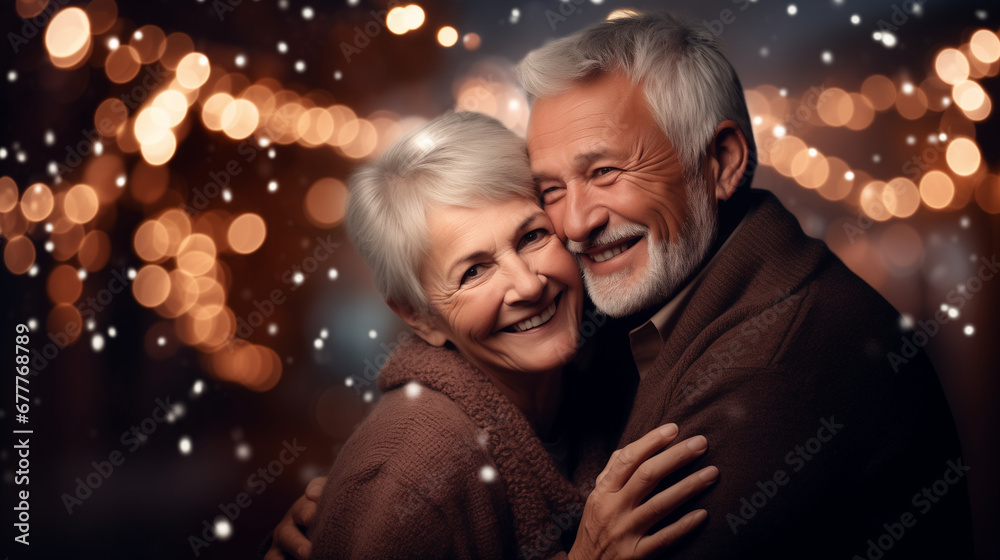 Happy senior couple at holiday party, holiday lights Happy senior couple at holiday party, holiday lights