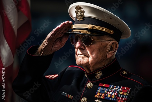 Old veterans doing the salute, blurred American national flag background photo