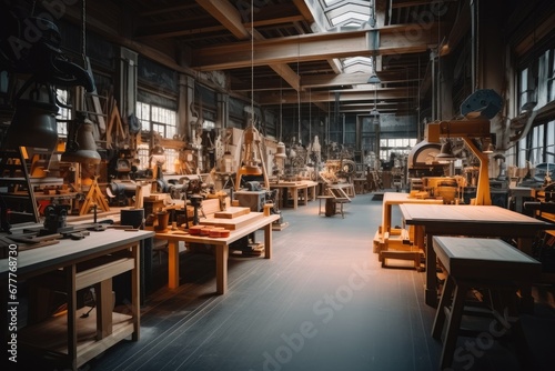 A workshop in a warehouse hall equipped with industrial woodworking tools. © visoot