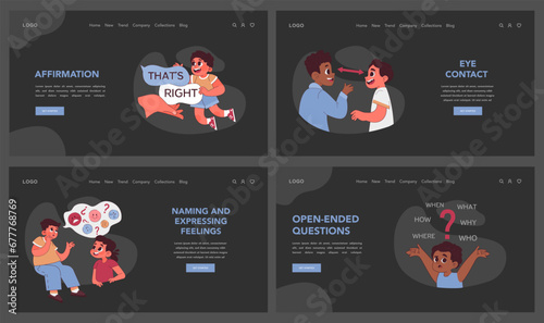Active listening set. Children practice communication skills. Attentiveness, paraphrasing, affirmation. Learning about emotions and body language, asking open questions. Flat vector illustration
