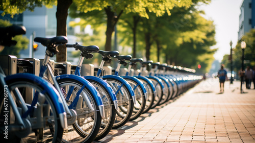 A bicycle rental station in the city where you can rent clean and well-maintained bicycles. ai generative