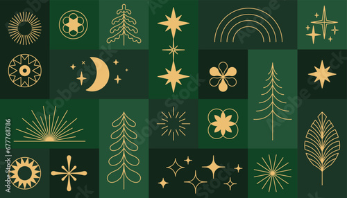 Vector greeting card with stars and sparkles in line style  - feliz navidad, horizontal banner and background, merry christmas and happy holidays