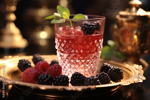 Blackberry Vanilla Cocktail on a fancy plate at a luxurious royal gentlemen's lounge.