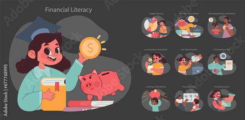 Child Financial Literacy set. Young students engaged in money management education. Savings, investments, and budgeting lessons. Piggy bank savings concept. Flat vector illustration
