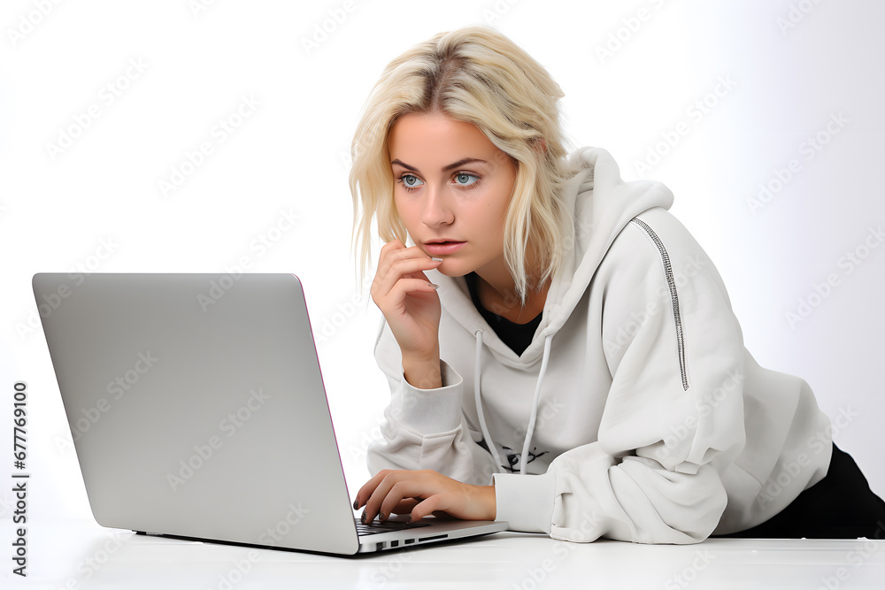 Young woman surprised or shocked looking at laptop screen isolated on white background Young woman surprised or shocked looking at laptop screen isolated on white background